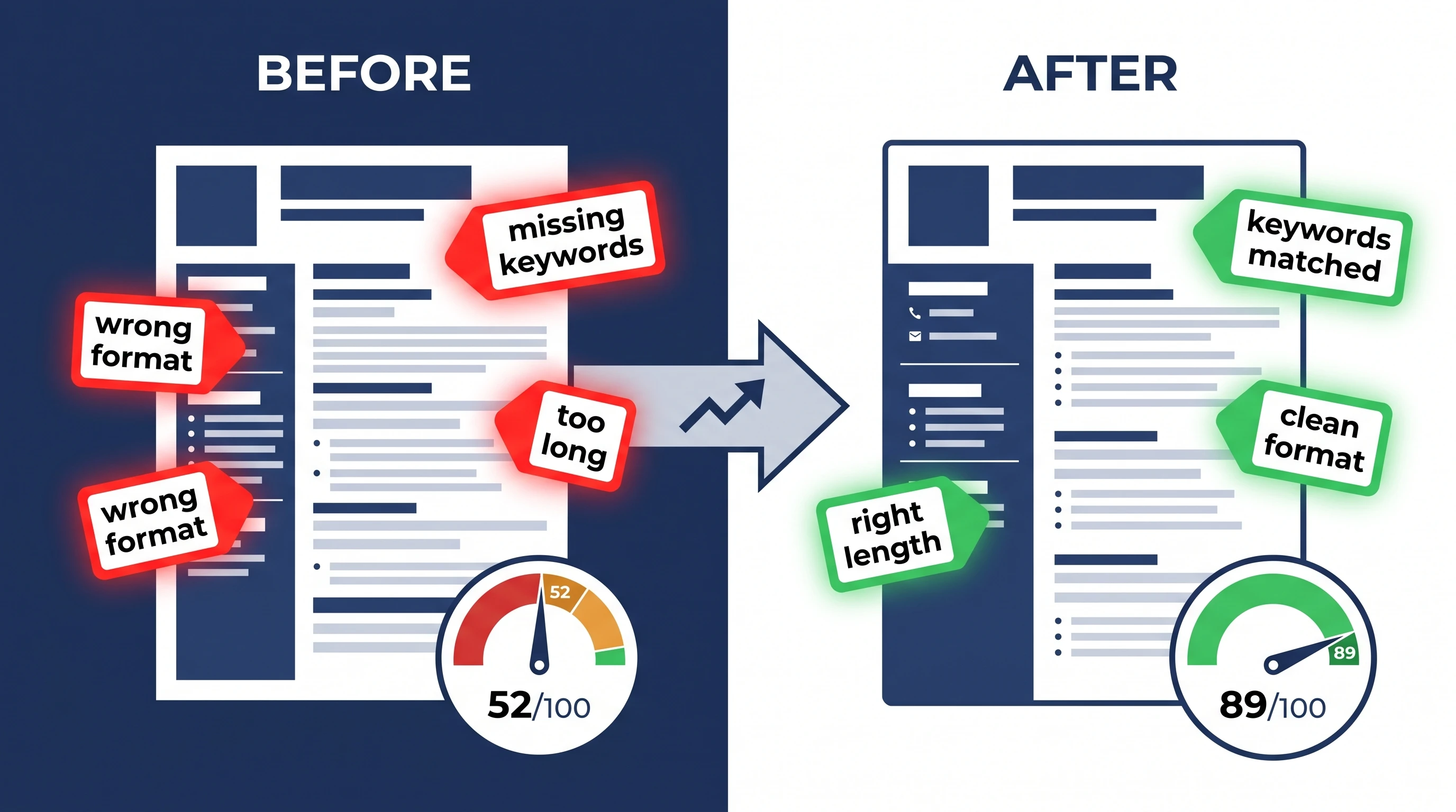 Before vs after ATS score: 52 to 89 after tailoring keywords and fixing format (Figure generated with ATS Resume Checker)