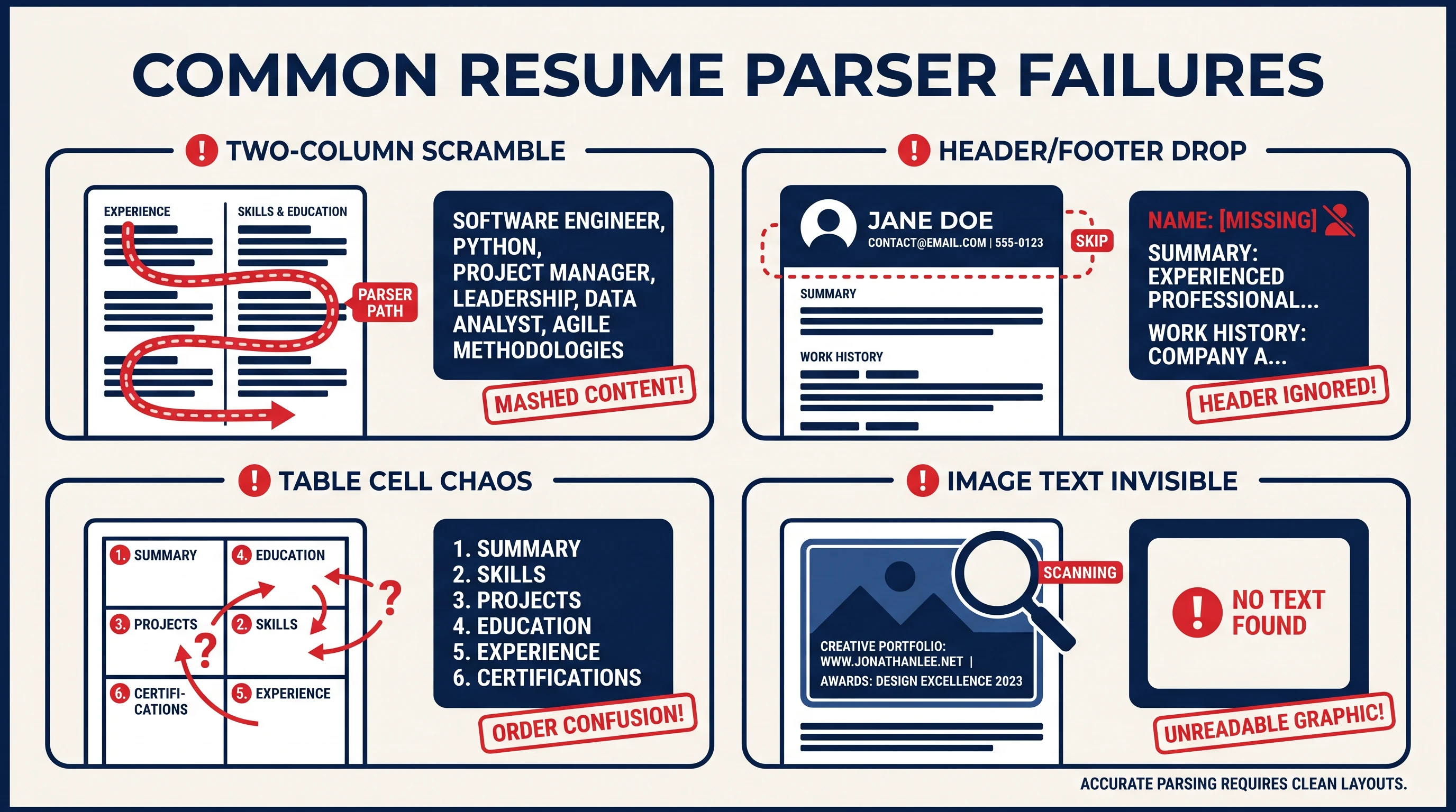 Common ATS parser failure modes: column scramble, header drop, table chaos, image text invisible (Figure generated with ATS Resume Checker)