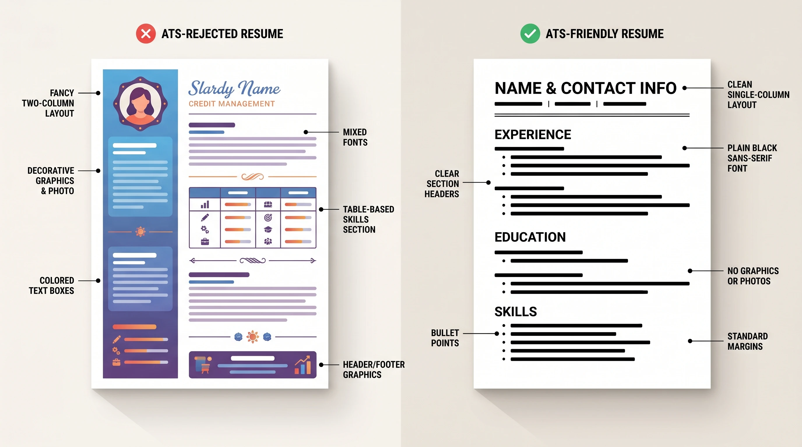 Side-by-side comparison: ATS-rejected fancy two-column resume vs ATS-friendly single-column resume (Figure generated with ATS Resume Checker)