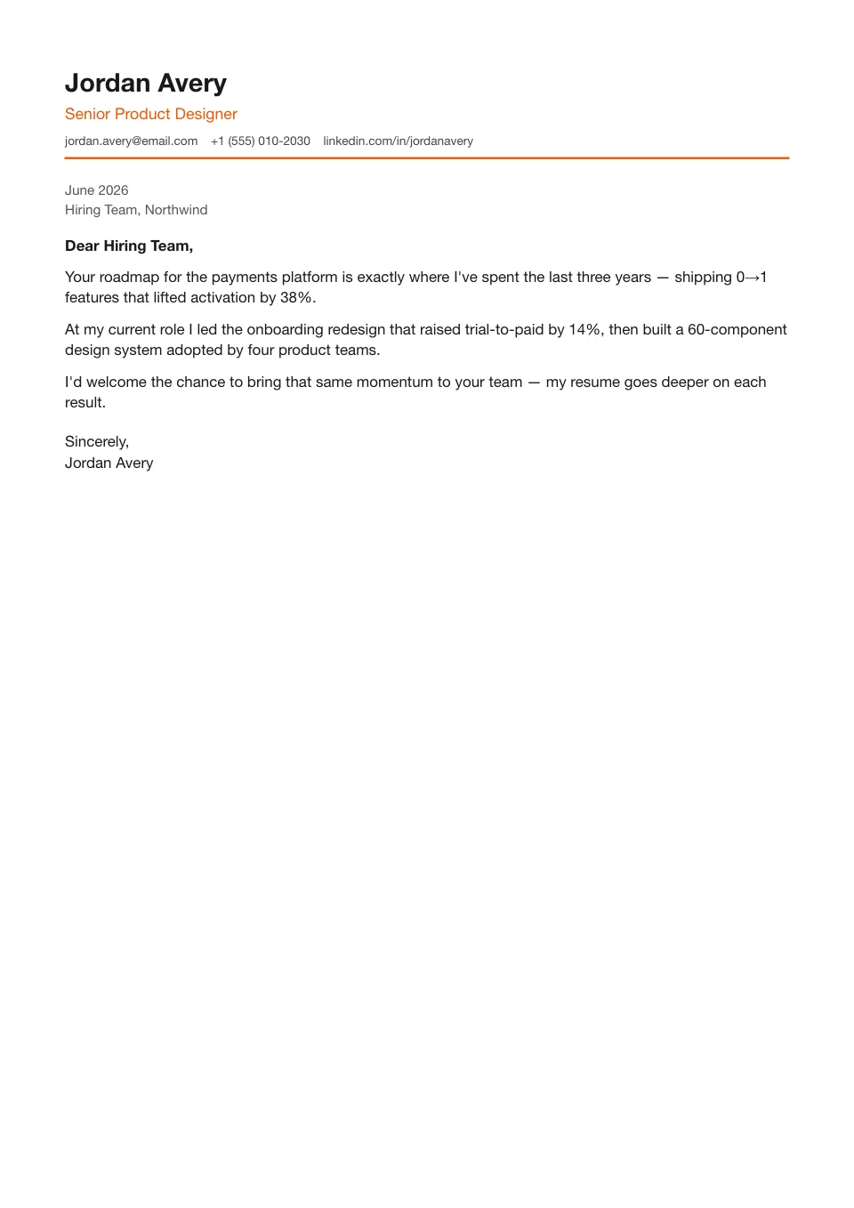 Cover letter example matched to a resume