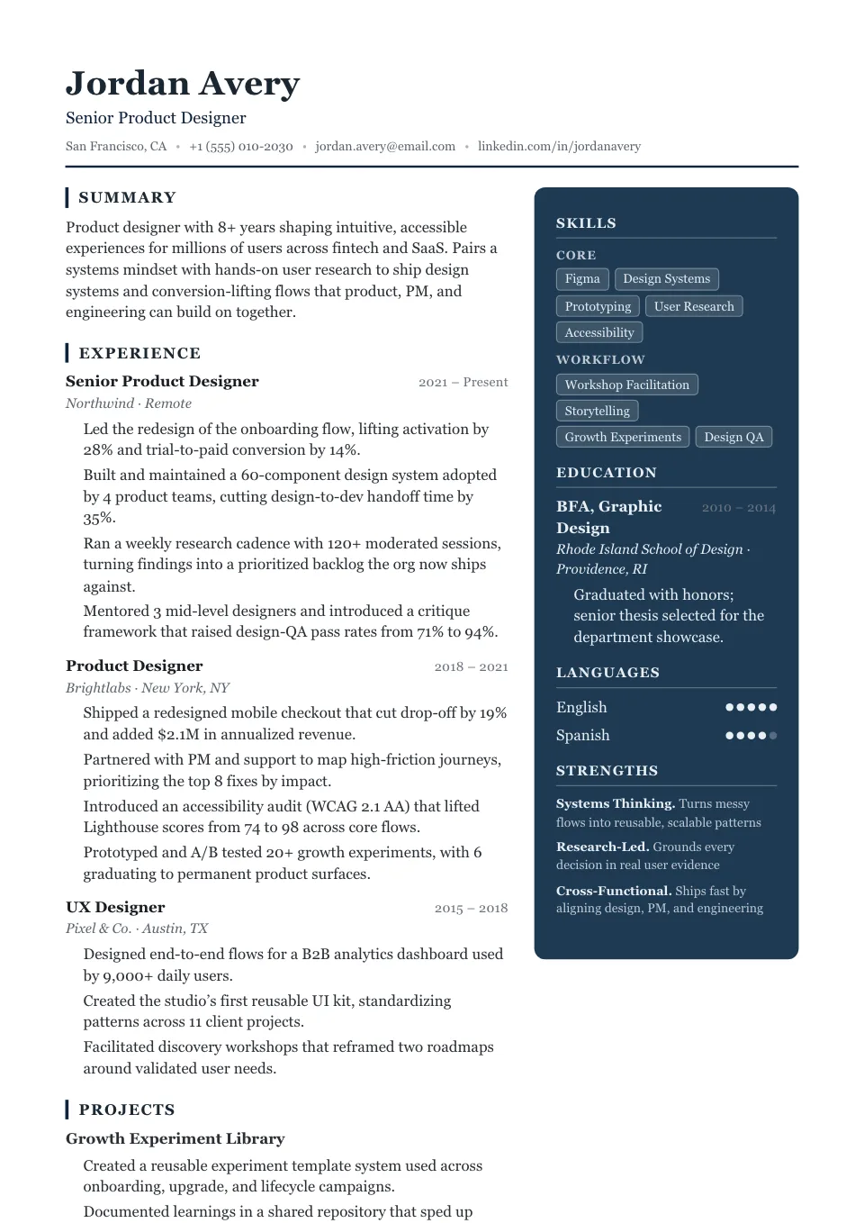 Advisor resume template, two-column layout