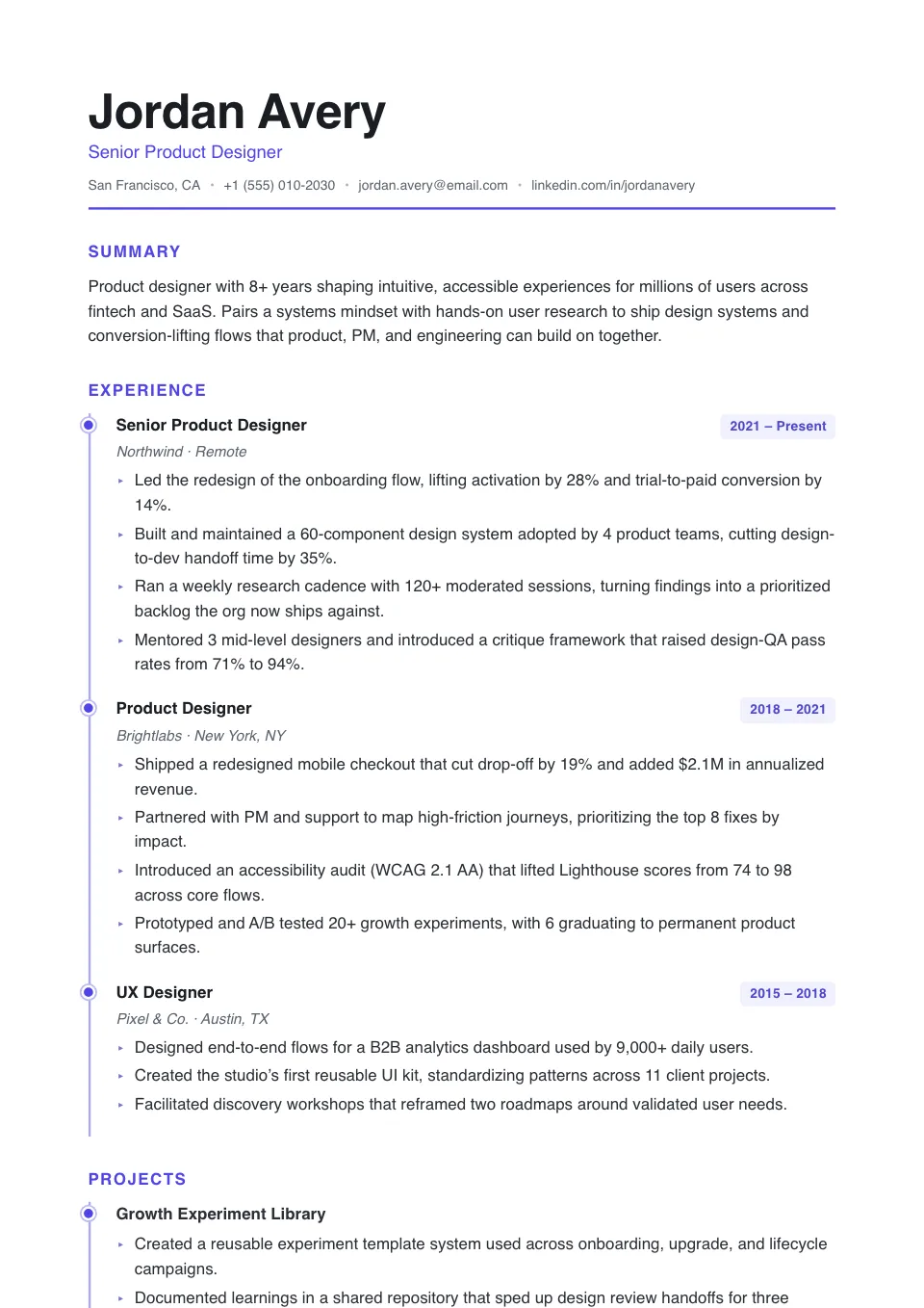 Ascent resume template, ATS-friendly, single-column layout