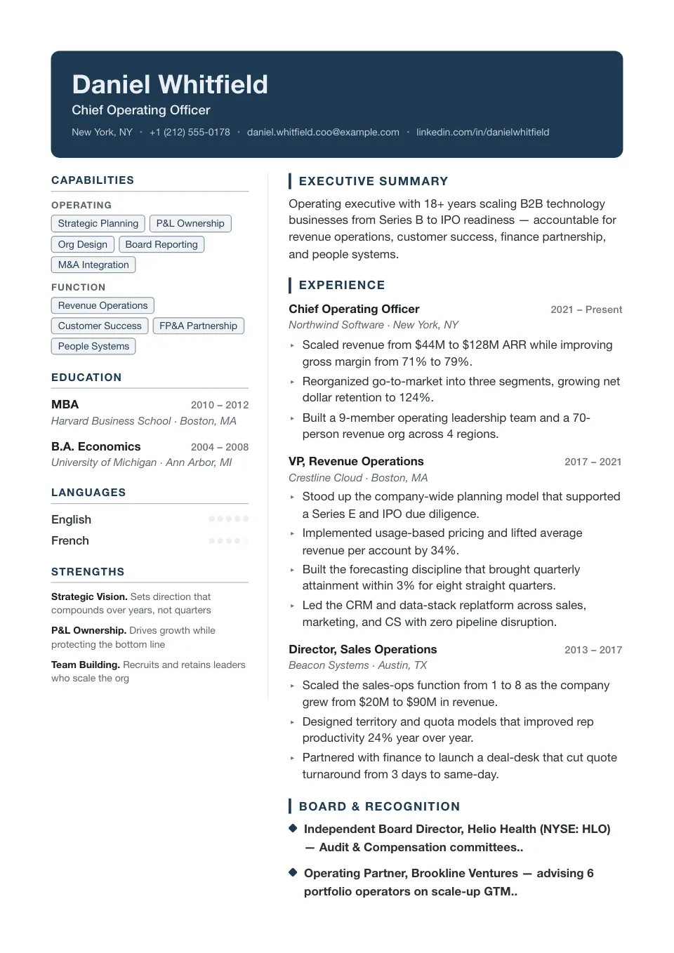 Banner Bold resume template, two-column layout