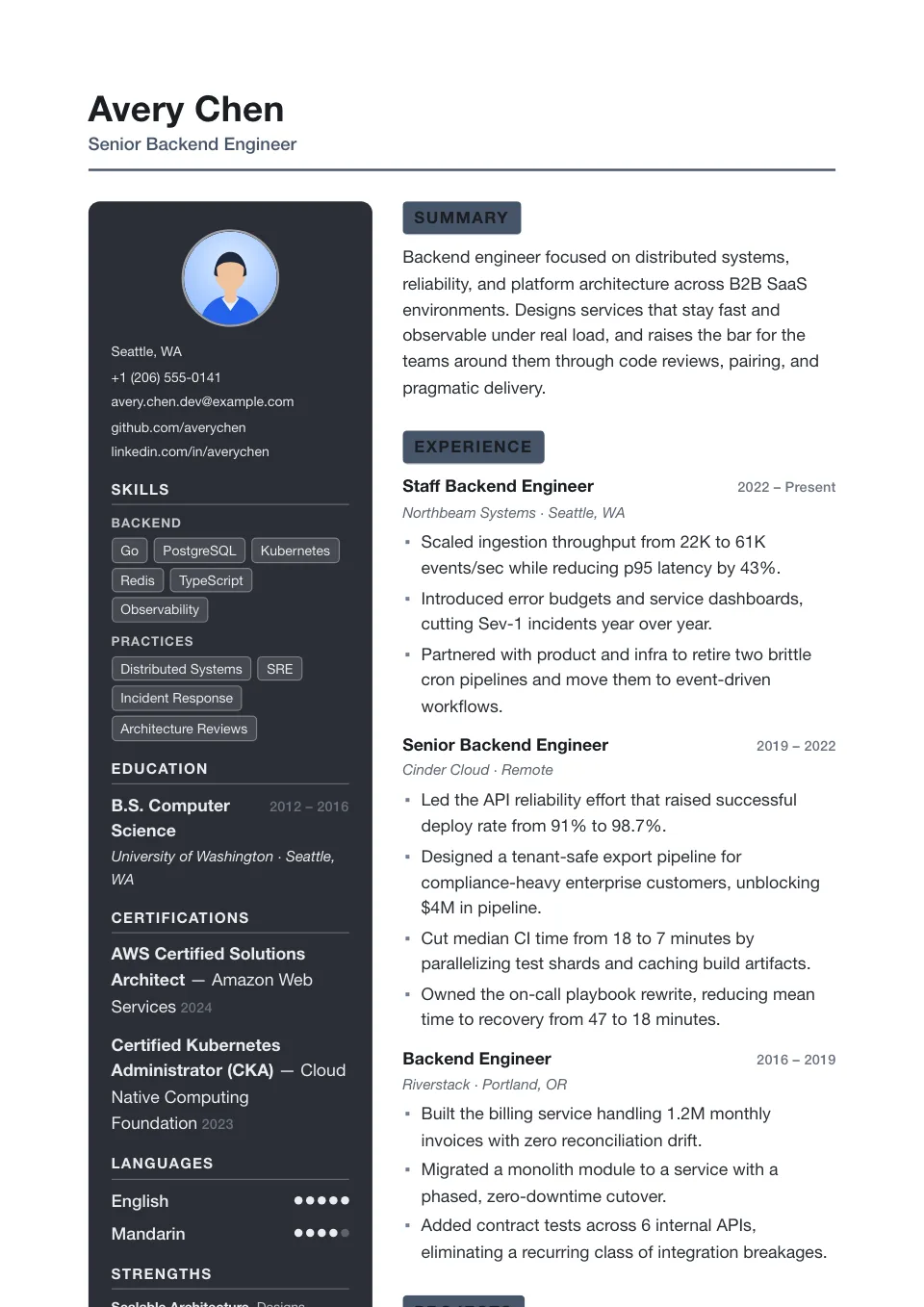 Canvas resume template, two-column layout