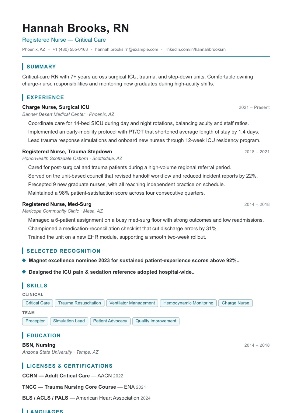 Caregiver resume template, ATS-friendly, single-column layout