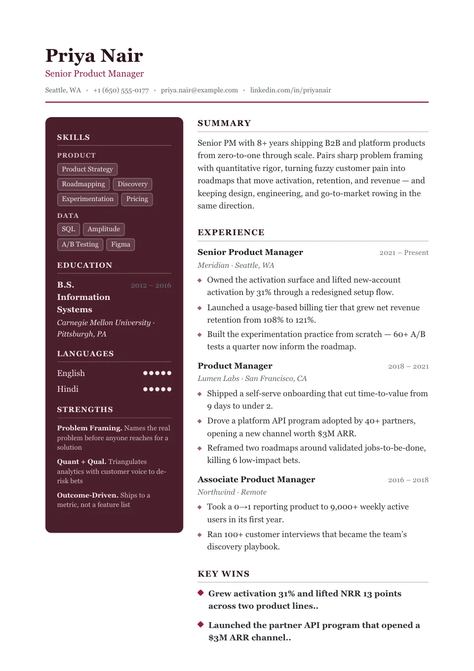 Couture resume template, two-column layout