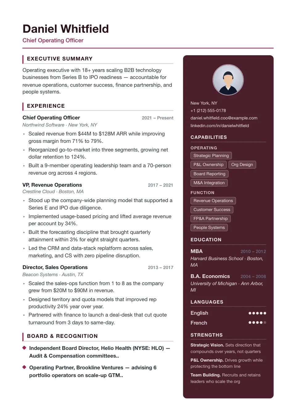 Folio resume template, two-column layout