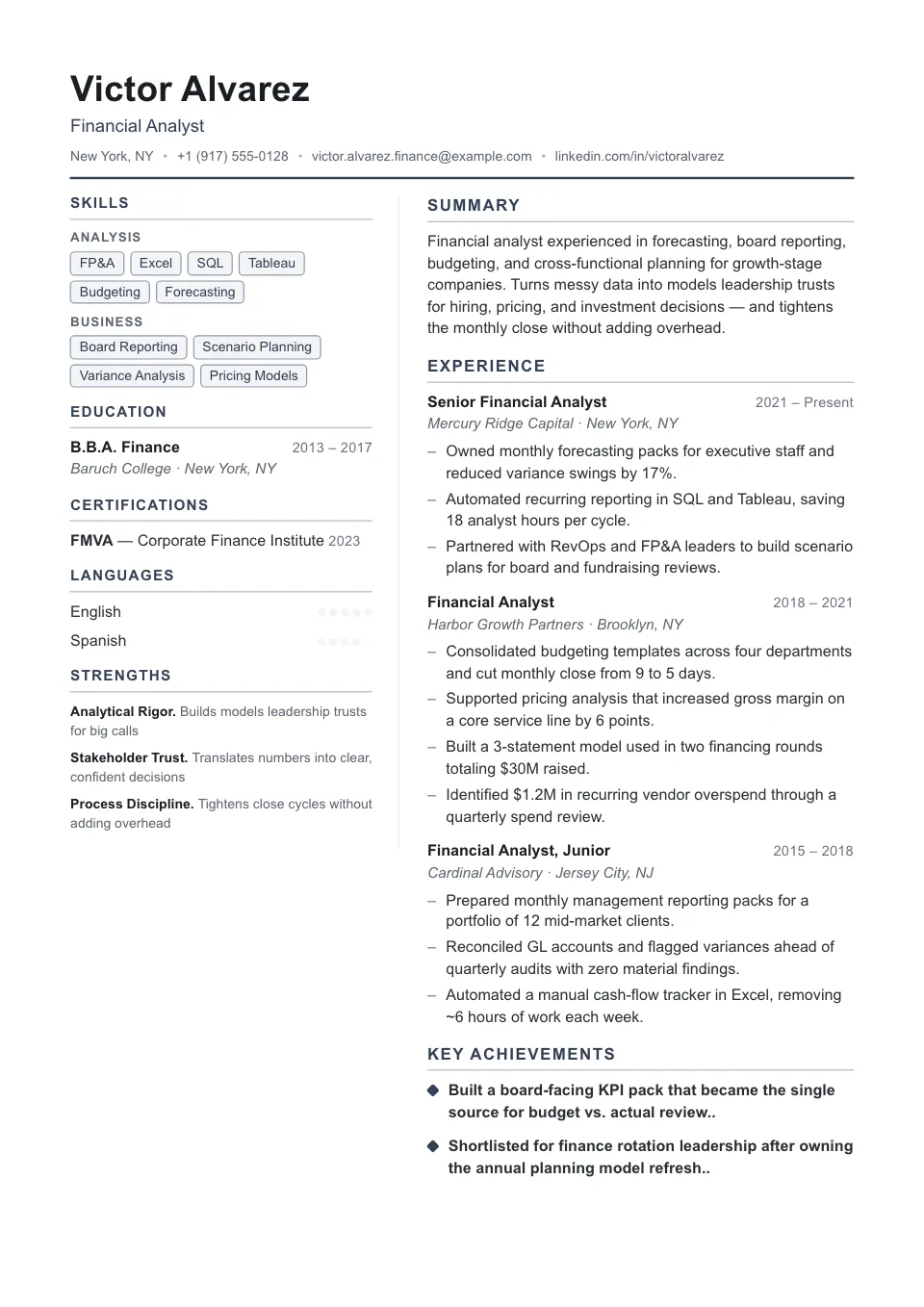 Ledger resume template, two-column layout