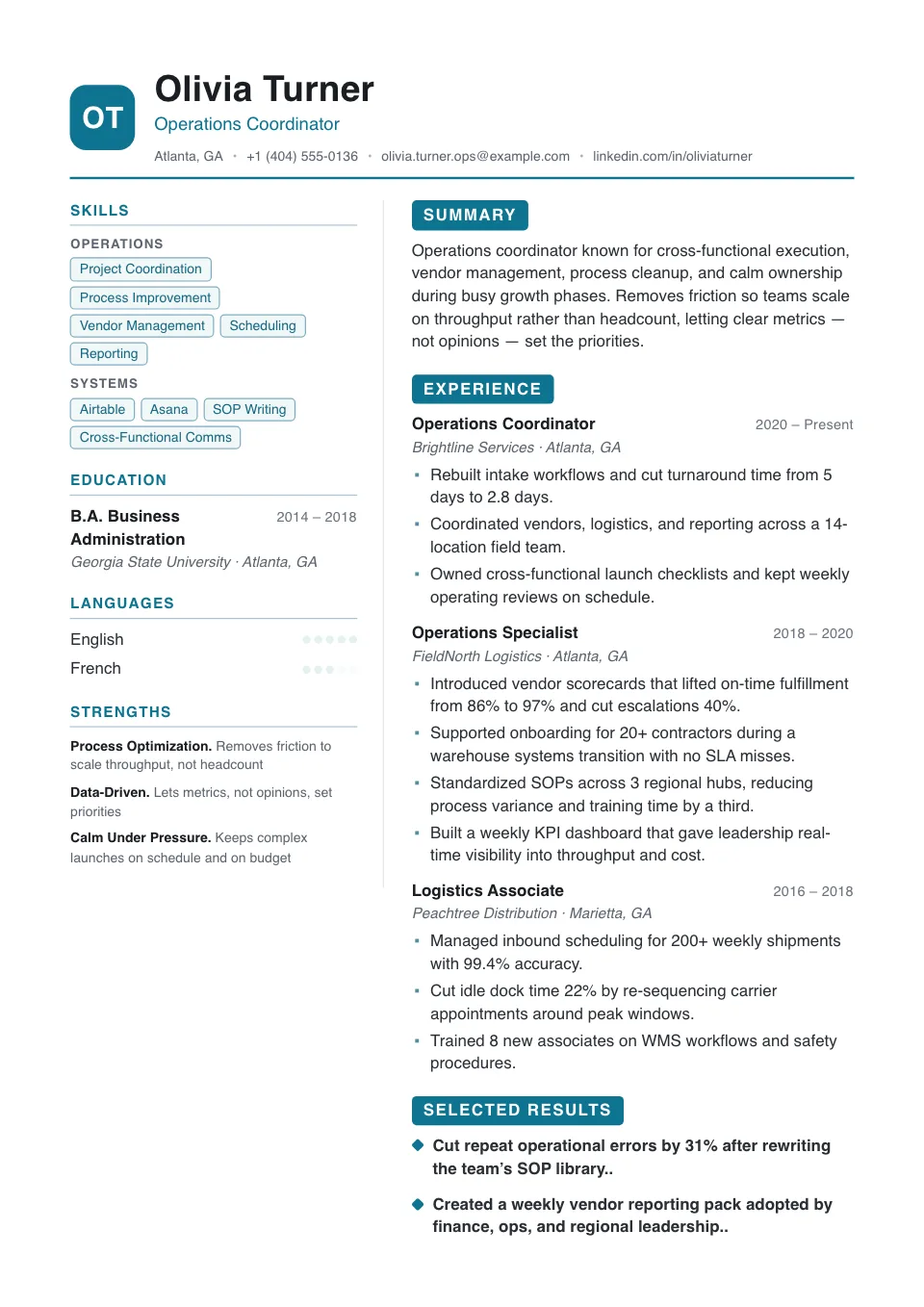 Metro resume template, two-column layout