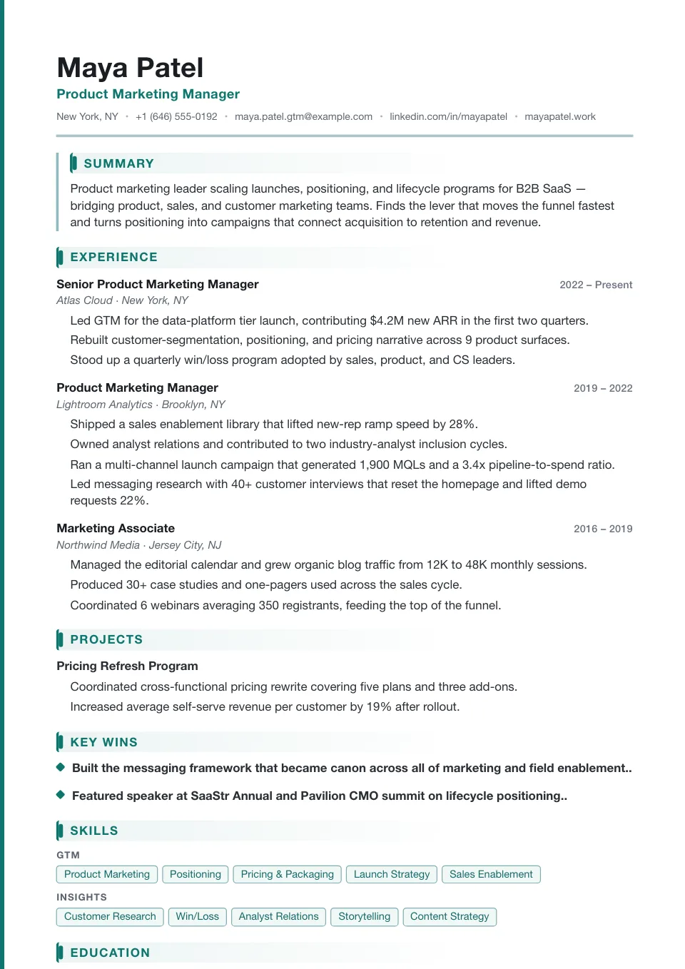 Modern resume template, ATS-friendly, single-column layout
