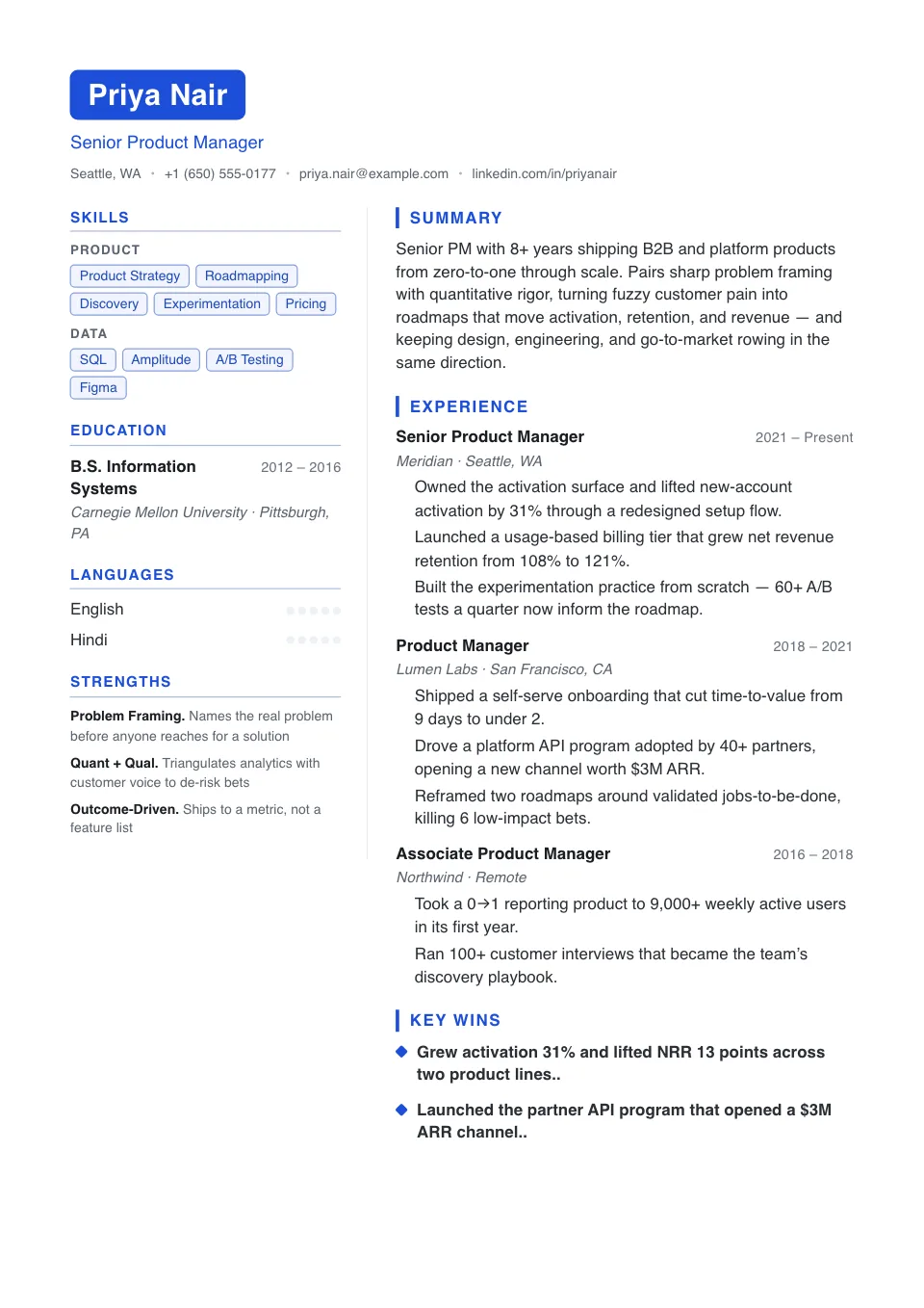 Pipeline resume template, two-column layout