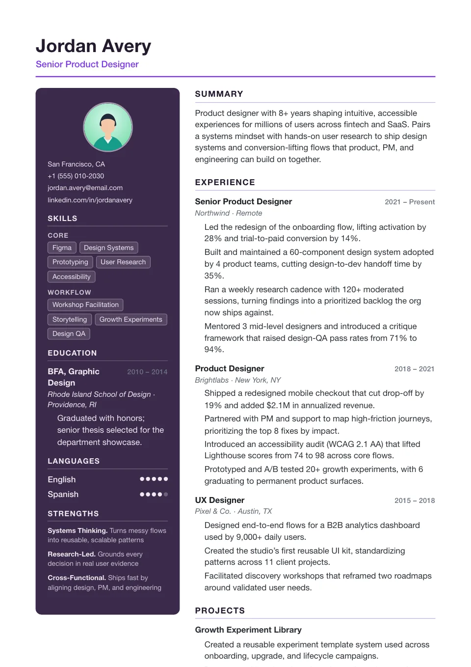 Studio resume template, two-column layout