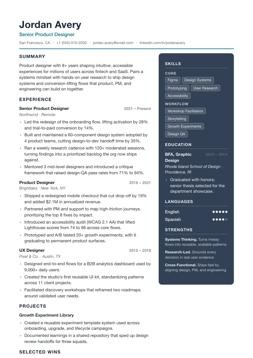 Tech Lead resume template, two-column layout