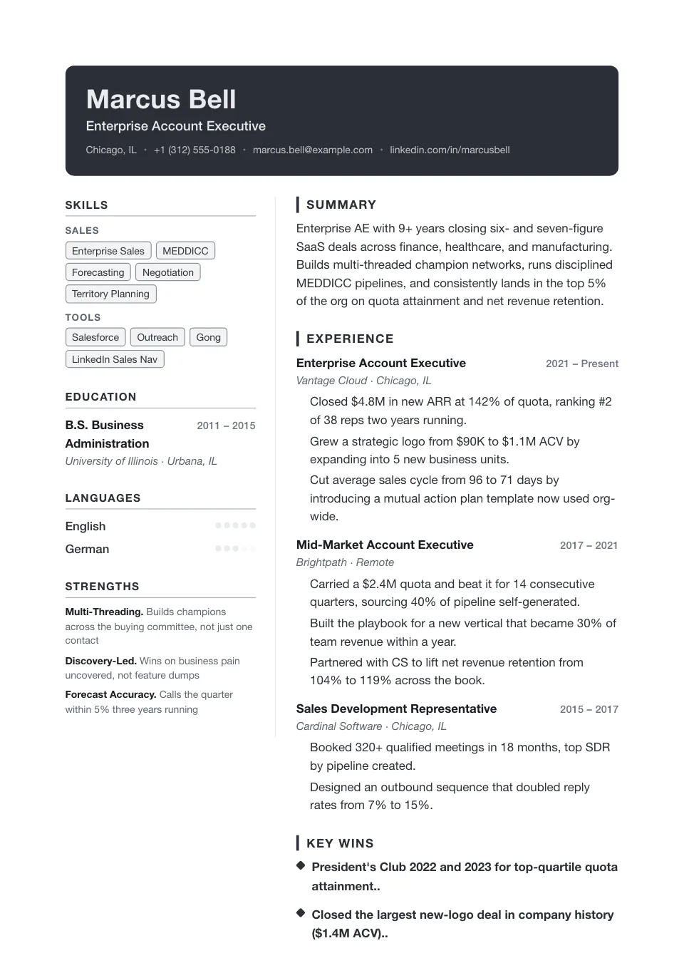 Vanguard resume template, two-column layout